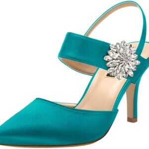 Women Mid Heel Satin Shoes Pointed Toe Slingback Rhinestone Brooch Evening Prom